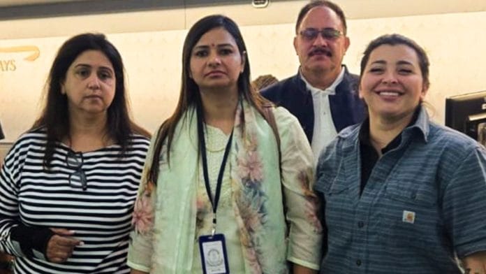A team of CBI officials returning on board American Airlines flight with fugitive Monika Kapoor (extreme left) after her extradition from the US | PTI