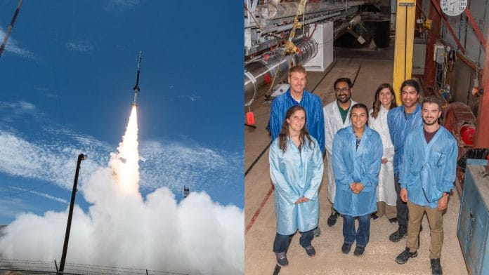 The launch of the SNIFS sounding rocket in New Mexico on 19 July (L), the team behind the project (R) | By special arrangement