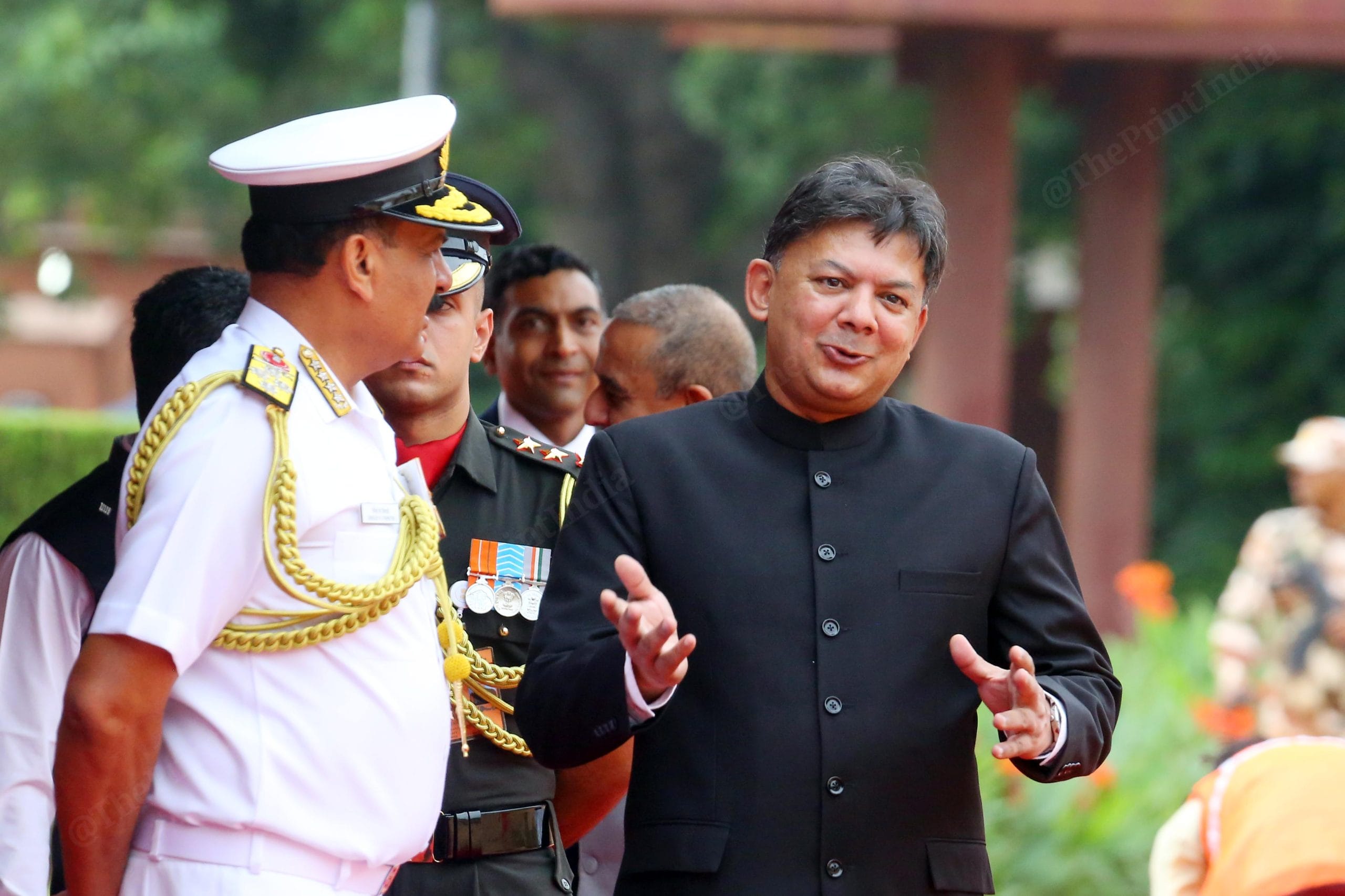 Chief of the Naval Staff (CNS) Admiral Dinesh K Tripathi along with IFS (Indian Foreign Service) officer Anshuman Gaur at Rashrapati Bhawan | Praveen Jain | ThePrint