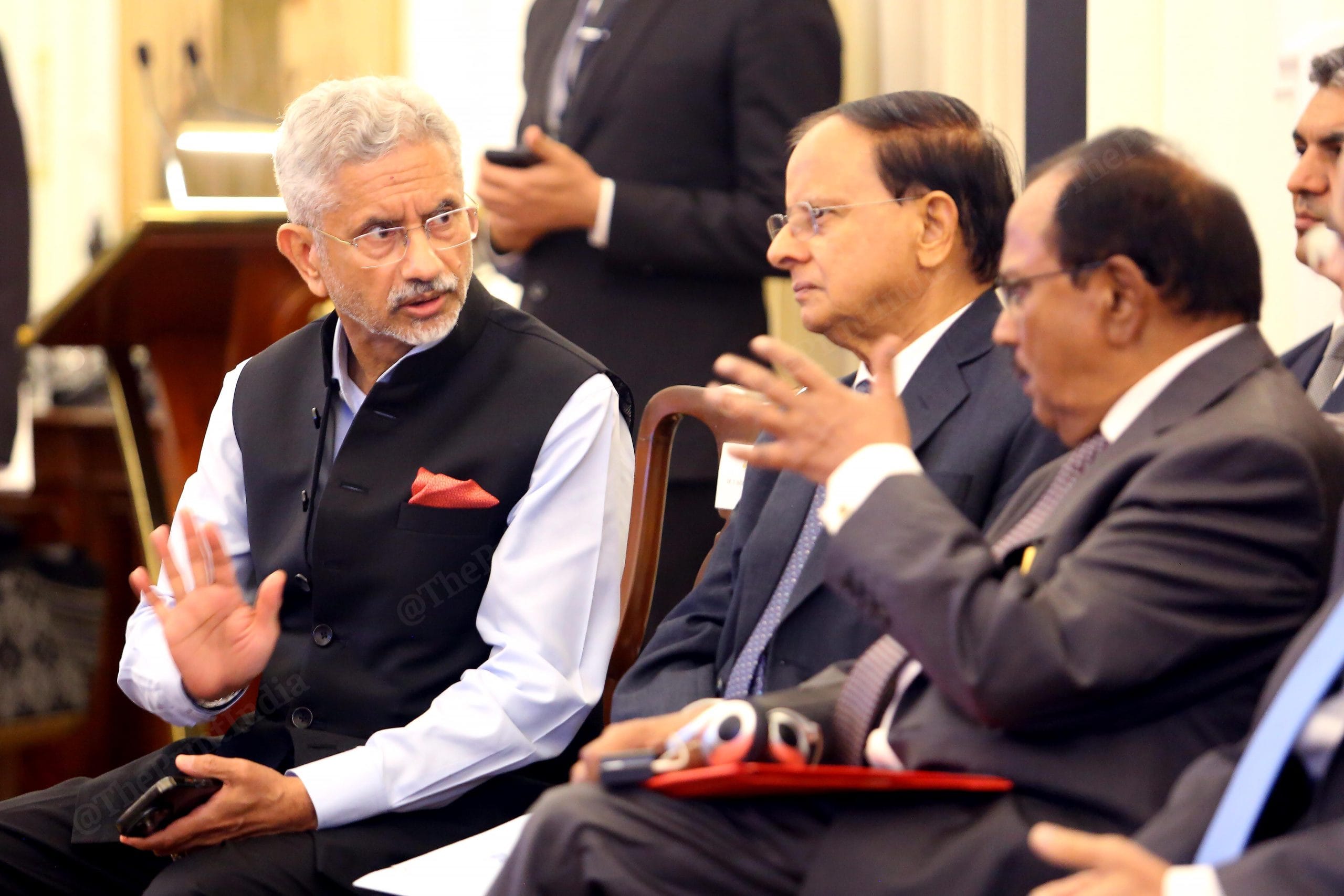 Jaishankar with Principal Secretary to PM, P.K. Mishra and Ajit Doval National Security Advisor of India at the press meet | Praveen Jain | ThePrint