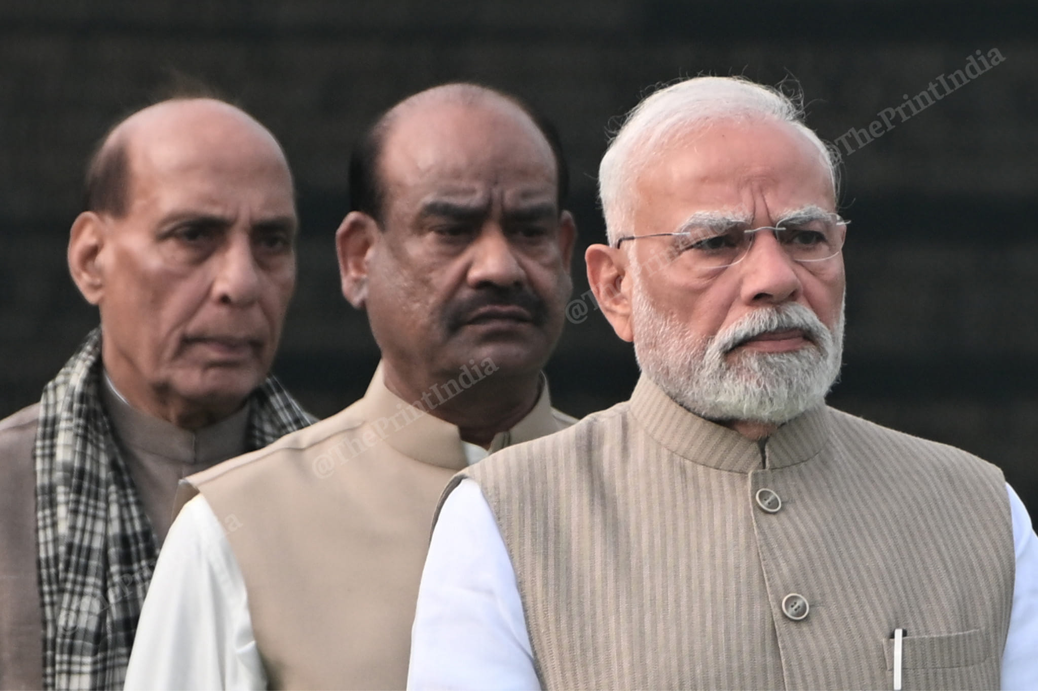 PM Modi, Lok Sabha Speaker Om Birla, and Defence Minister Rajnath Singh stand in queue | Suraj Singh Bisht | ThePrint