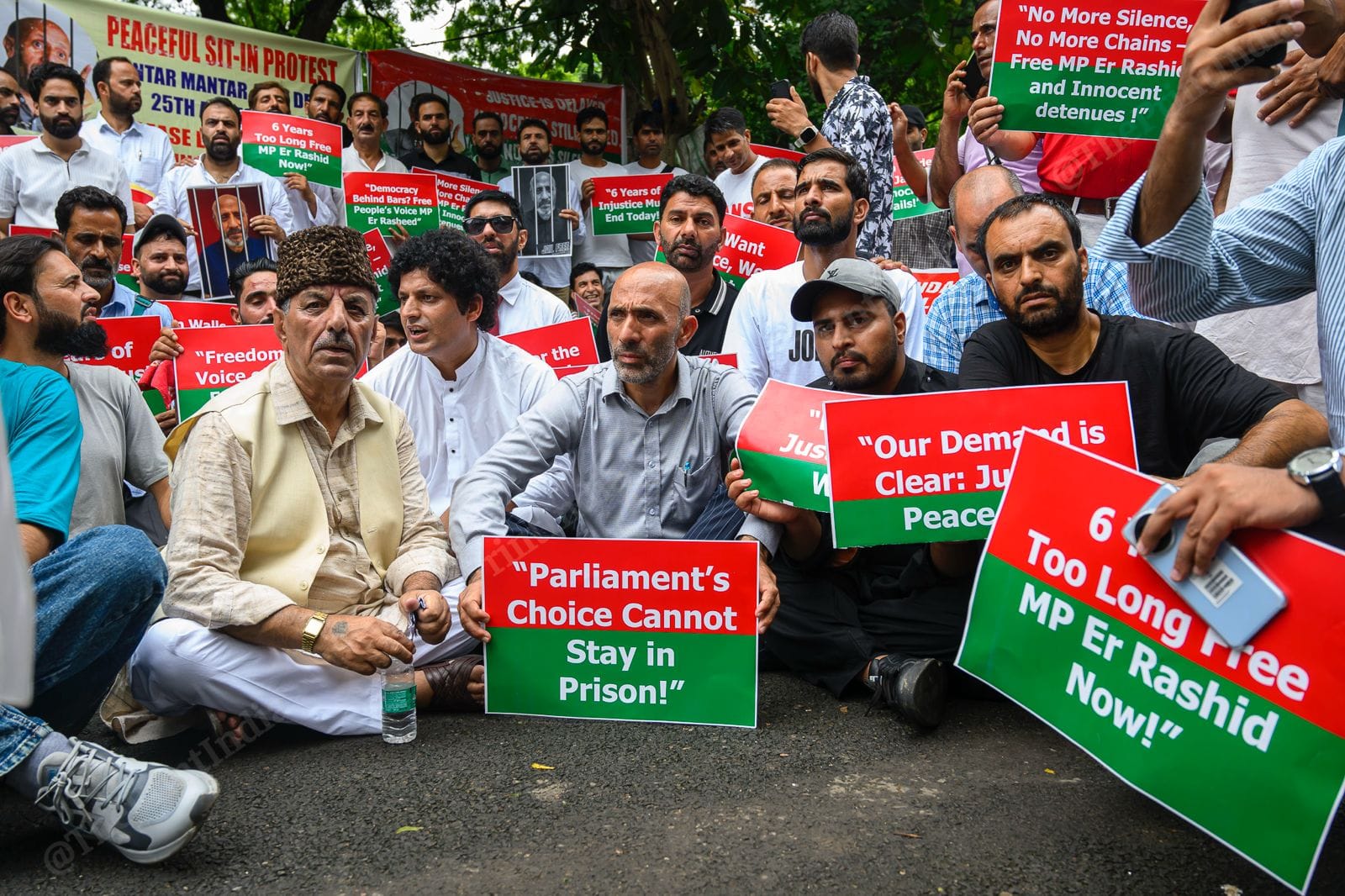 On the day that marked six years since his incarceration, supporters of  Member of Parliament Abdul Rashid holding placards during a protest at Jantar Mantar in New Delhi to demand his release, on 25 August, 2025 | Ankit Roy