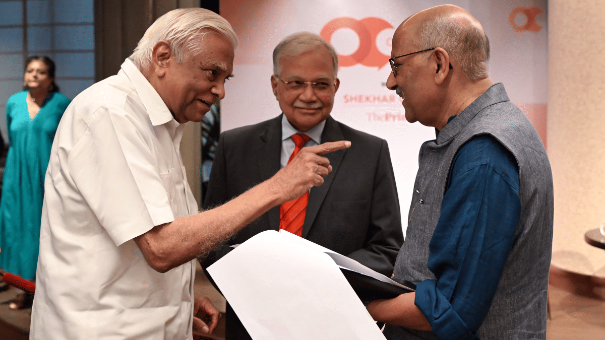 Retired IAS officer and former Union home secretary K. Padmanabhaiah (left) and former Canara Bank Chairman and MD M.B.N. Rao (centre) with ThePrint Editor-in-Chief Shekhar Gupta | Suraj Singh Bisht | ThePrint