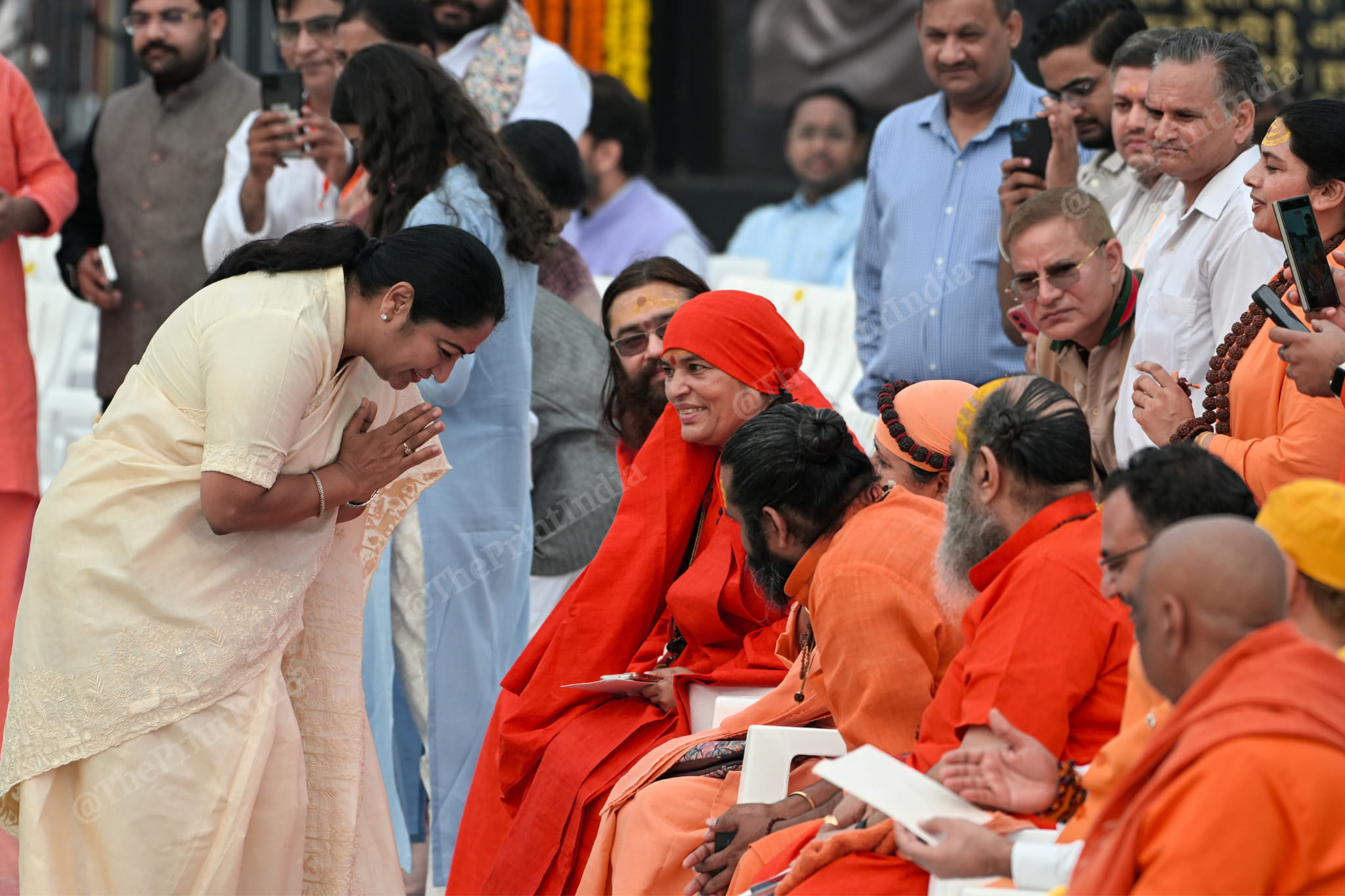 Delhi CM Rekha Gupta with folded hand interacting with sage saint | Suraj Singh Bisht | ThePrint
