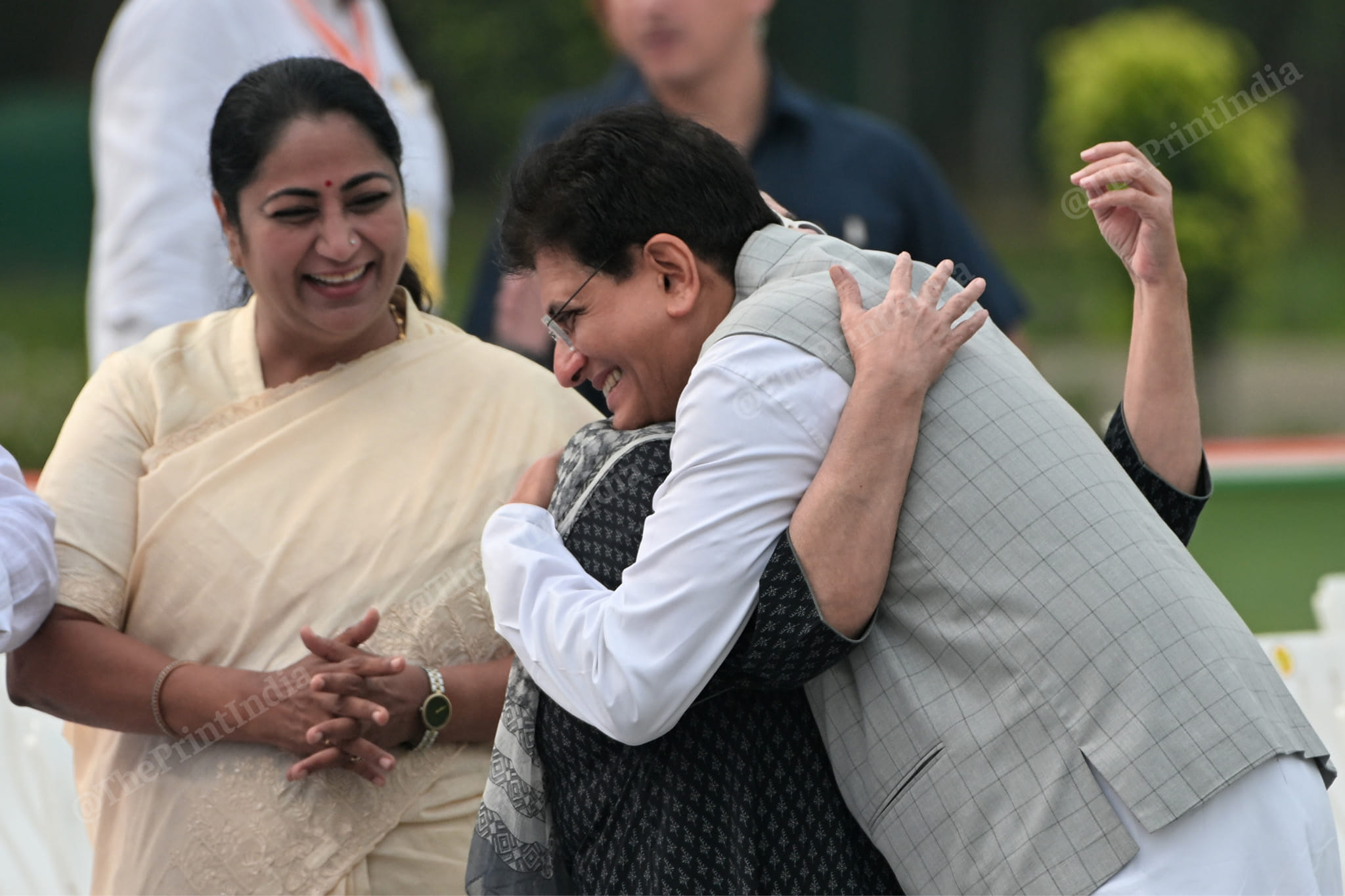 Union Minister Piyush Goyal hug Atal Bihari Vajpayee’s foster daughter Namita Bhattacharya, at Sadaiv Atal to pay tribute to former PM on his death anniversary, in New Delhi, Monday | Suraj Singh Bisht | ThePrint| Suraj Singh Bisht | ThePrint