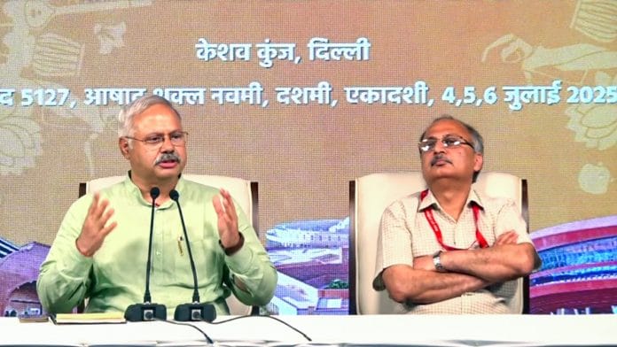 RSS akhil bharatiya prachar pramukh Sunil Ambekar (L) addressing media in New Delhi on 7 July, 2025 | ANI