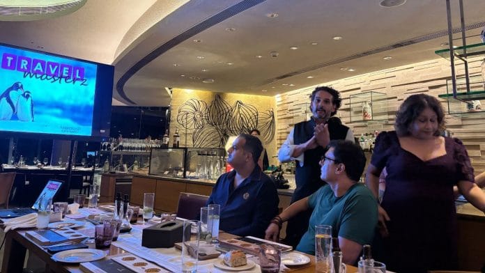 Juan Cristobal Del Bravo, a Chilean national, speaks to a group about travel opportunities in Antarctica, at Prego restaurant in The Westin, Gurugram | Photo: Samridhi Tewari | ThePrint