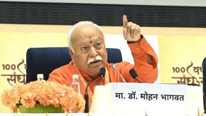 RSS chief Mohan Bhagwat during interaction with the media in New Delhi on 28 August, 2025 | X @RSSorg