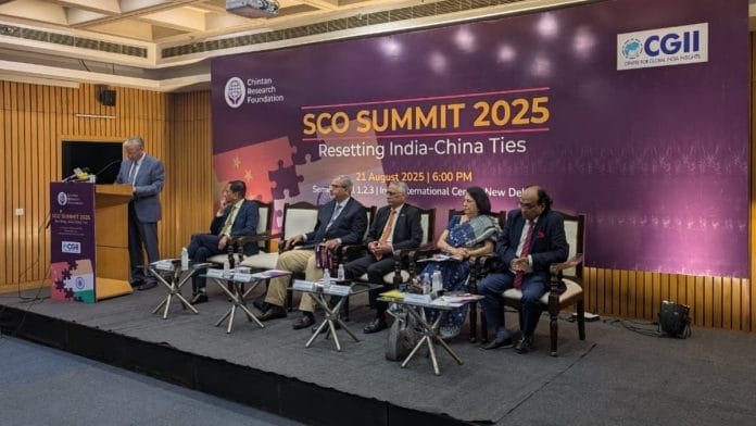Chinese ambassador to India Xu Feihong at SCO Summit 2025 organised by CRF in New Delhi on 21 August, 2025 | X @ChintanResearch