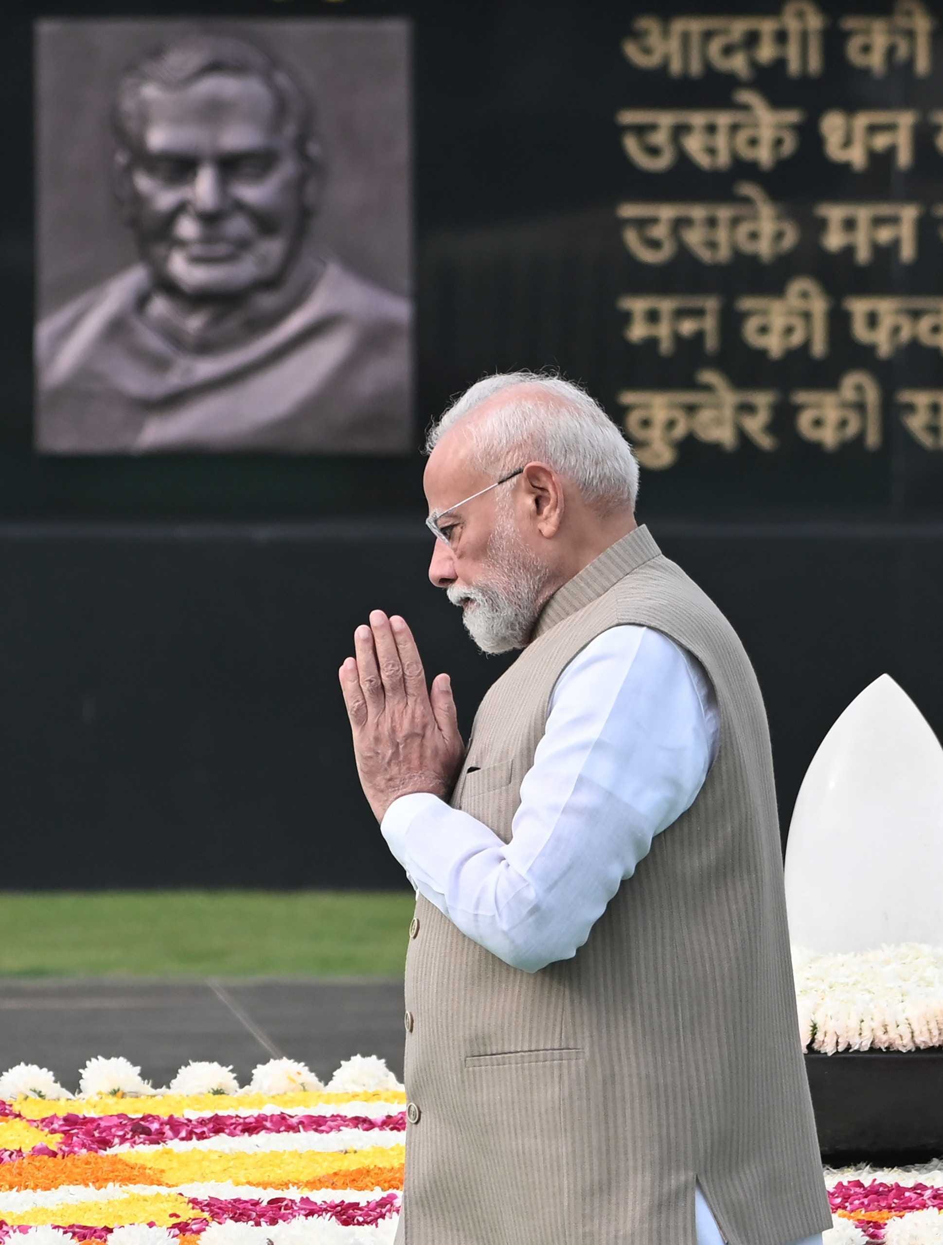 PM Modi at Sadaiv Atal to pay tribute to former PM Atal Bihari Vajpayee on his death anniversary, in New Delhi | Suraj Singh Bisht | ThePrint