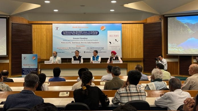 During the launch of IRS officer Sonam Chombay's book at IIC in New Delhi. On the panel are (from left) Captain Alok Bansal, the director of India Foundation; author Chombay, the secretary to CM; Arunachal Pradesh CM Pema Khandu; and former Chief of Army Staff General JJ Singh, who served as the governor between 2008 and 2013 | Photo: Sagrika Kissu | ThePrint