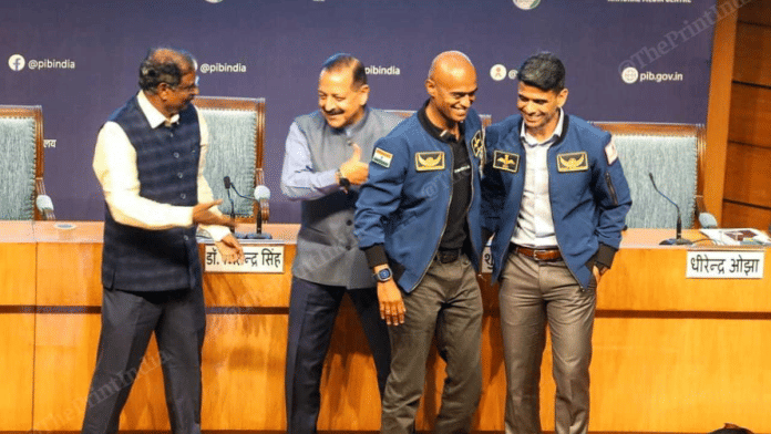(From left to right) ISRO chief B Narayanan, Union Minister Jitendra Singh, Group Captains Prasanth B Nair and Shubhanshu Shukla at an event in New Delhi on Thursday | Praveen Jain | ThePrint