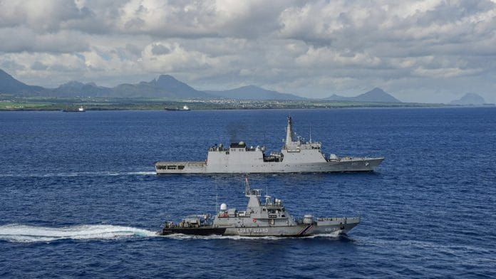 Indian Ocean Ship (IOS) Sagar arriving at Port Louis after completing a joint surveillance drill with National Coast Guard (NCG) Mauritius on 30 April, 2025 | ANI