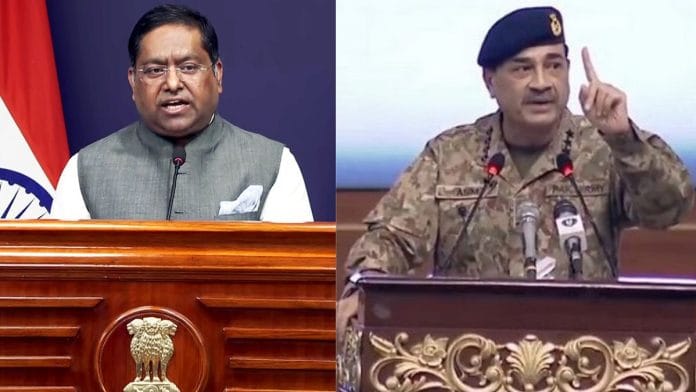 MEA spokesperson Randhir Jaiswal, Pakistan Army Chief Asim Munir | ANI/Screengrab