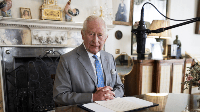 Britain's King Charles records a VJ Day message in the Morning Room of Clarence House, in London Britain, 14 August 2025. | Aaron Chown | Pool via Reuters