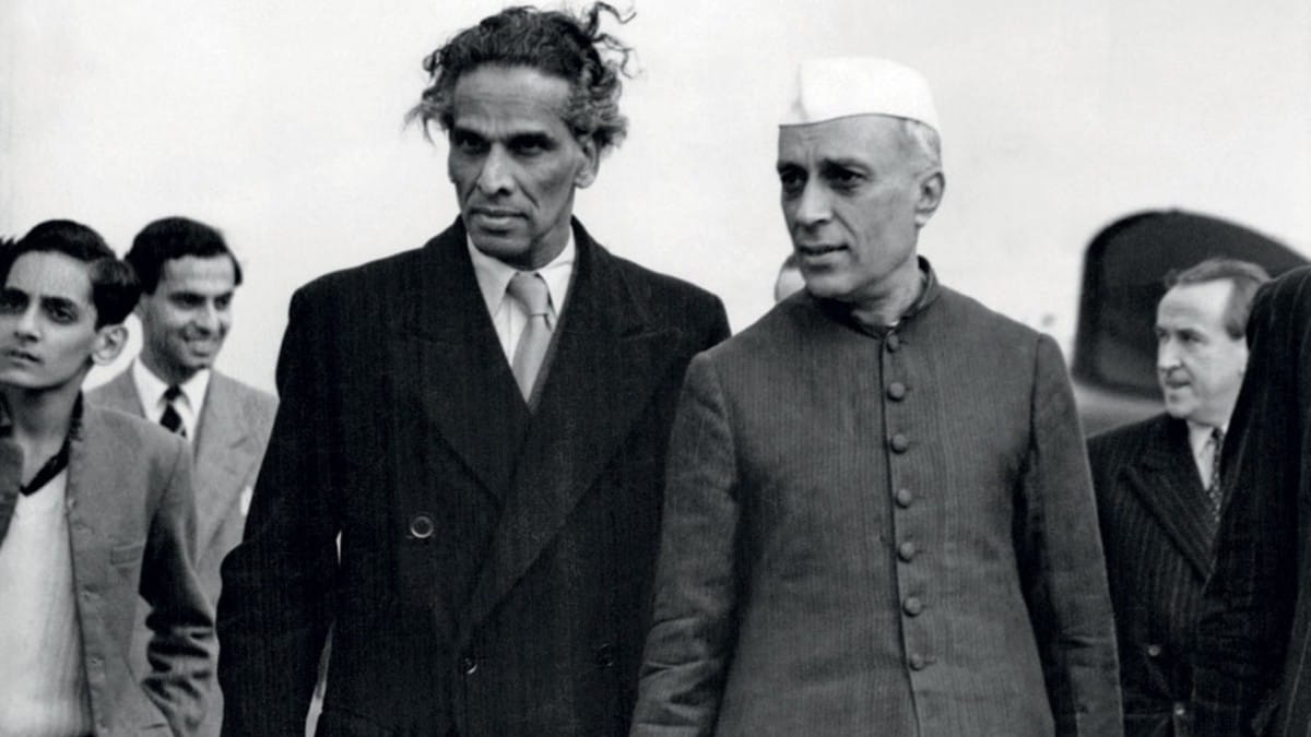 PM Nehru with VK Krishna Menon, who was defence minister from April 1957 till October 1962 | X @zwerubae