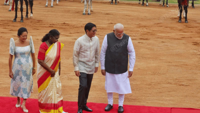 President Droupadi Murmu and Prime Minister Narendra Modi with Philippines' President Ferdinand R. Marcos Jr. during the ceremonial reception of Marcos at the Rashtrapati Bhavan, in New Delhi, Tuesday, 5 Aug, 2025 | Praveen Jain | ThePrint