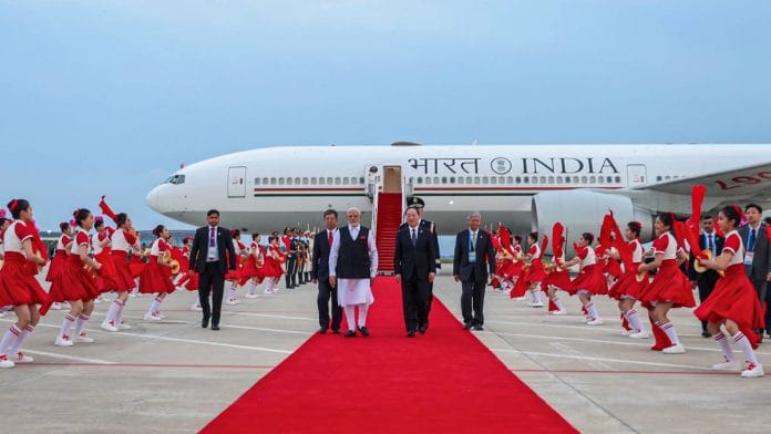 Prime Minister Narendra Modi arrives to attend the SCO summit in China’s Tianjin Saturday | Photo: DPR PMO/ANI