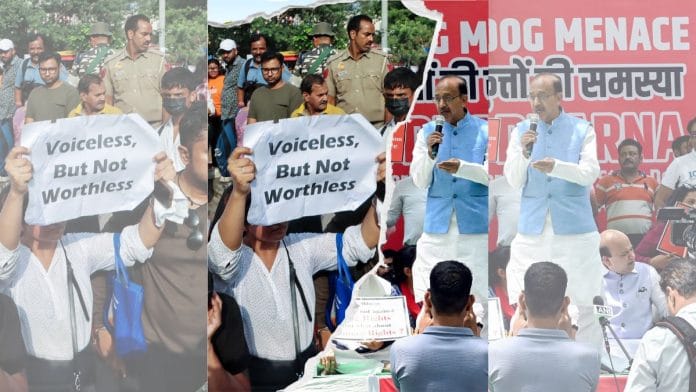 Dog lovers stage a protest against the Supreme Court's order at Connaught Place; former Union minister Vijay Goel with RWA/NGO representatives stages a dharna over stray dogs | ANI/ANI file photo/Jitender Gupta