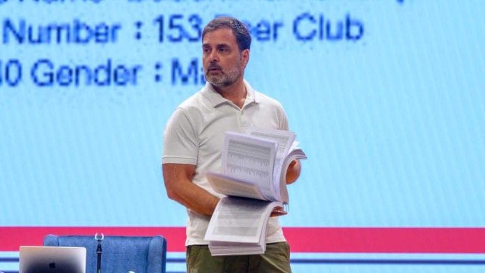 Lok Sabha LoP and Congress MP Rahul Gandhi addressing press in New Delhi on 7 August, 2025 | Ankit Roy | ThePrint