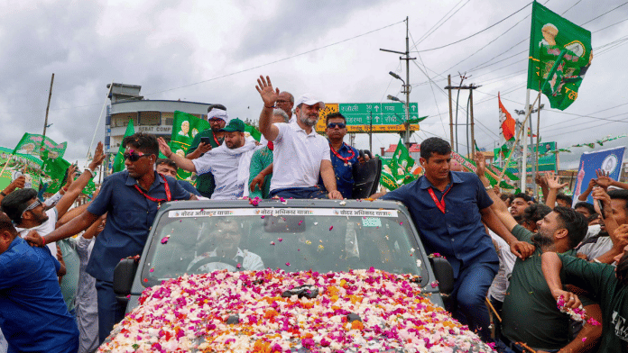 LoP in the Lok Sabha and Congress leader Rahul Gandhi, party Bihar President Rajesh Kumar, and LoP in the state Assembly and RJD leader Tejashwi Yadav during the 'Voter Adhikar Yatra', in Nawada district | AICC via PTI