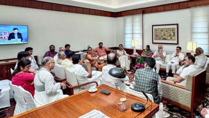 Lok Sabha LoP and Congress MP Rahul Gandhi, Rajya Sabha LoP and Congress chief Mallikarjun Kharge, DMK MP Kanimozhi Karunanidhi, SP MP Ram Gopal Yadav, NCP-SCP MP Supriya Sule and others during a meeting of the floor leaders of the INDIA alliance at the Parliament House Complex, in New Delhi on Tuesday | ANI photo/AICC