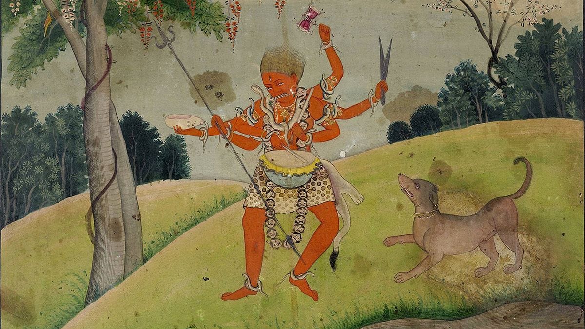 An early 19th-century Kangra painting showing Shiva in his Bhairava form with a dog
