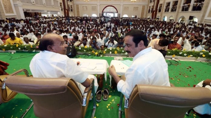 File photo of PMK founder S. Ramadoss and son Anbumani | ANI