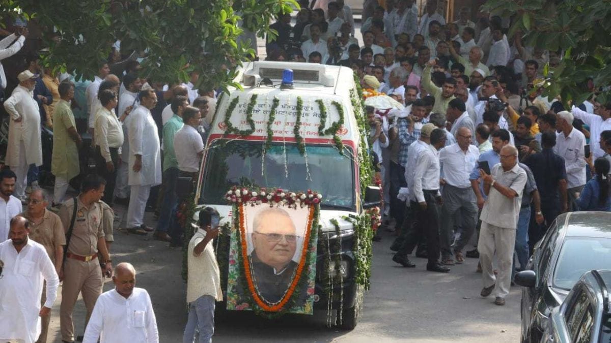 The final procession of Satyapal Malik, former governor of Jammu and Kashmir, Bihar, Meghalaya, Odisha and Goa who died on 5 August at the age of 79; he had been under treatment at the Ram Manohar Lohia hospital in New Delhi for kidney-related ailments | Praveen Jain | ThePrint