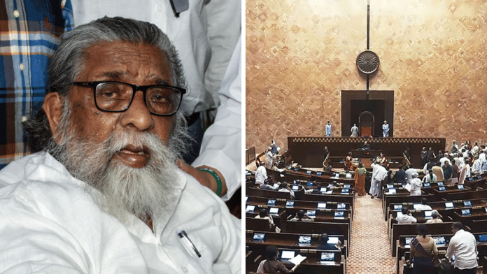 Former Jharkhand Chief Minister Shibu Soren (L) and proceedings of the Rajya Sabha (R) | ANI
