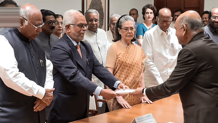 INDIA bloc's vice presidential candidate B Sudershan Reddy files his nomination, in New Delhi, Wednesday, Aug. 20, 2025. | PTI