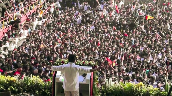 Actor and founder of Tamilaga Vettri Kazhagam (TVK), Vijay addresses people in Tamil Nadu’s Madurai Thursday | TVK/ANI video grab