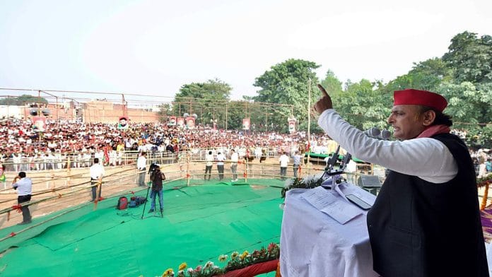 Samajwadi Party chief Akhilesh Yadav addressing a public rally in Moradabad on 11 November, 2024 | ANI