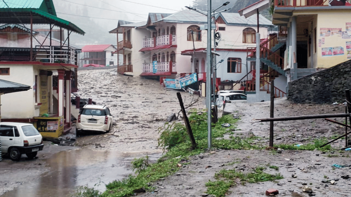 An inundated road at Dharali in Uttarkashi | X/@UttarkashiPol