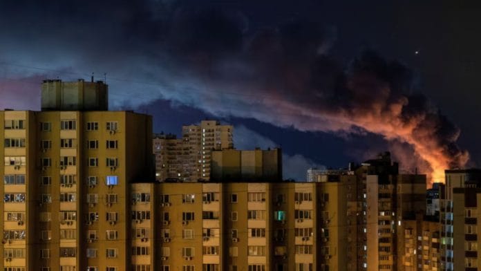 Fire and smoke rise in the city after Russian drone and missile strikes, amid Russia's attack on Ukraine, in Kyiv, Ukraine August 28, 2025. | REUTERS