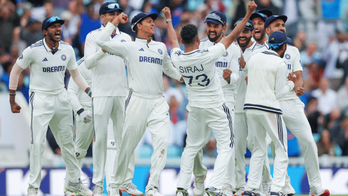 Indian players celebrate after defeating England by 6 runs in 5th test match at The Oval in London | ANI via BCCI