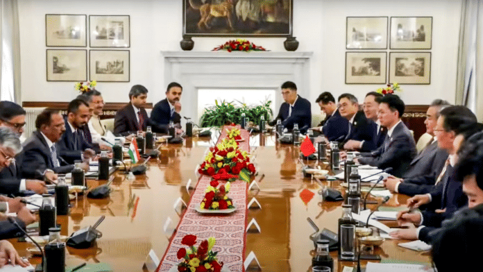 National Security Advisor Ajit Doval with Chinese Foreign Minister Wang Yi during a meeting. | @MEAIndia on Youtube via PTI