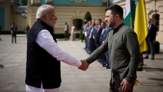 FIle photo of Prime Minister Narendra Modi with Ukraine's President Volodymyr Zelenskyy in Kyiv | Reuters via Ukrainian Presidential Press Service