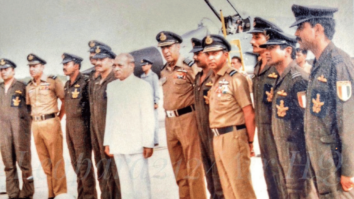 Air Chief Marshal L.M. Katre is seen standing to immediate right of then defence minister Narasimha Rao at formal induction of Mirage 2000 in 1985 at Gwalior. | By special arrangement