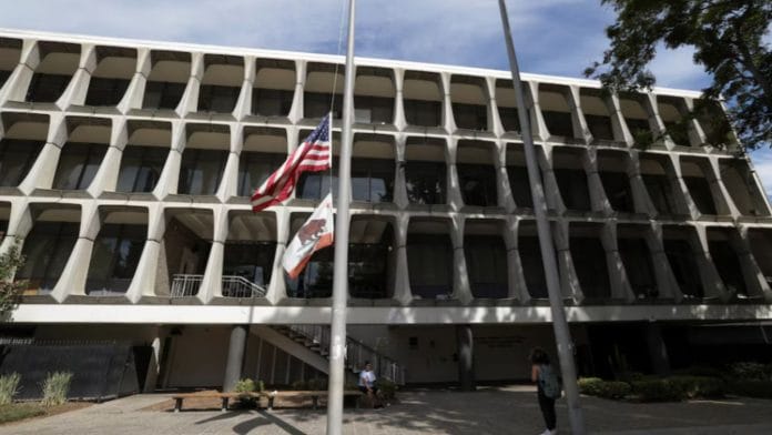 A U.S flag is displayed outside Van Nuys jail where Lil Nas X is being held after his arrest in Los Angeles, California, U.S., August 21, 2025. | REUTERS