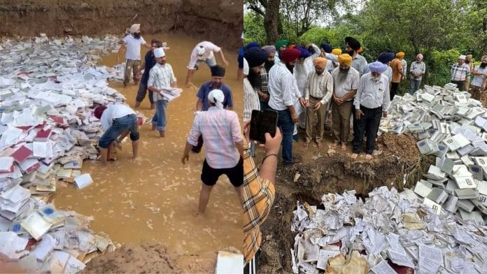 Copies of 'Mahan Kosh' being removed from the burial pit at Punjabi University, Patiala by protesting students Friday | By special arrangement
