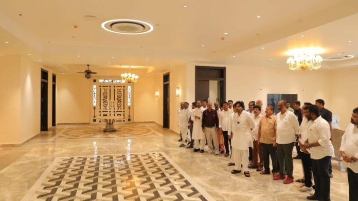 Andhra Pradesh Deputy Chief Minister with JanaSena Party legislators at the Rushikonda complex Friday | By special arrangement