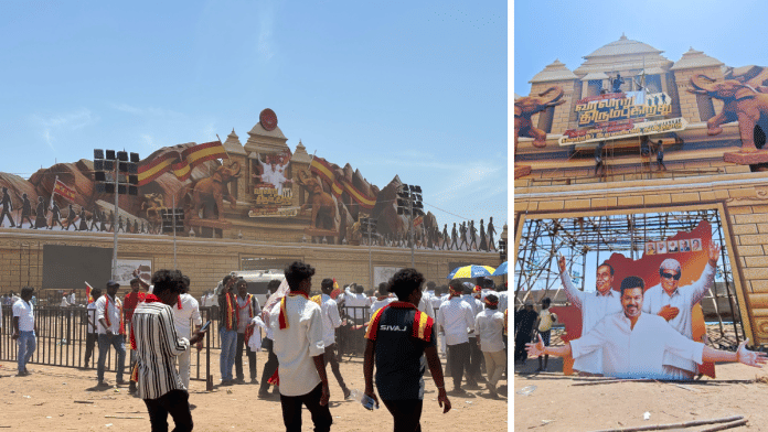 Actor-turned-politician Vijay’s TVK has put up former CMs C.N. Annadurai and M.G. Ramachandran’s cutouts at the stage of the party's conference | By special arrangement