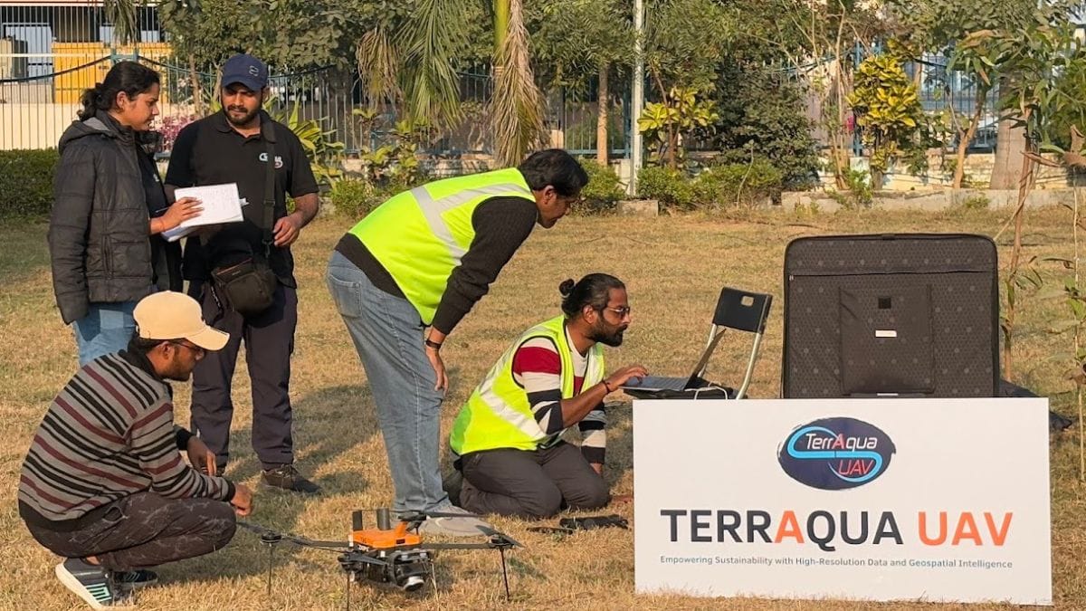 TerrAqua UAV team prepares to launch drones. The goal is to build a flood inundation model around Kanpur using high-resolution images