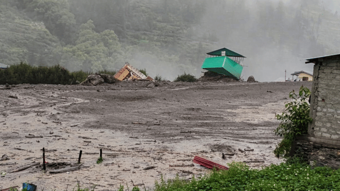 Houses and other structures being swept away in a flash flood triggered by a cloudburst at Dharali, in Uttarkashi district, Uttarakhand, Tuesday, Aug. 5, 2025 | PTI