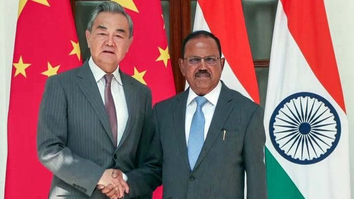 China's Foreign Minister Wang Yi with NSA Ajit Doval, at Hyderabad House in New Delhi on Tuesday | ANI