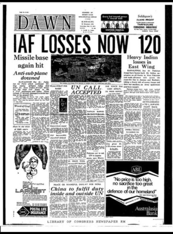 Banner headline from 5 December 1971 edition of Dawn claiming PAF downed 120 IAF aircraft