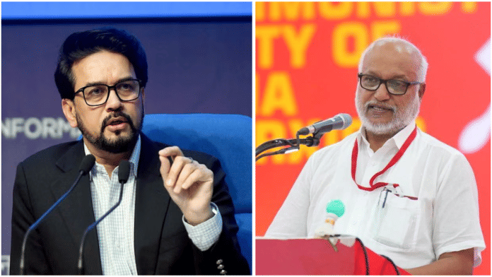 Senior BJP leader Anurag Thakur (left) and CPI(M) leader MA Baby (right) | ANI/Facebook