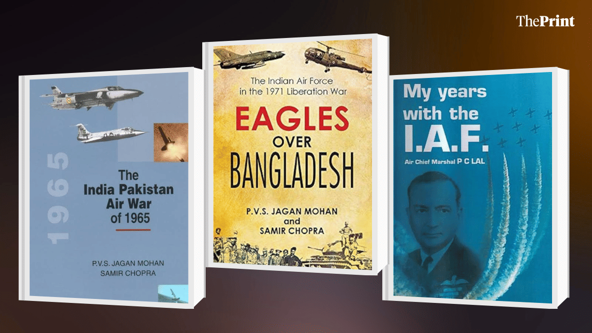 Reading material: Cover of military historians PVS Jagan Mohan and Samir Chopra's books Eagles Over Bangladesh (2013) and The India-Pakistan Air War of 1965 (2005); cover of former Chief of Air Staff PC Lal's book My Years with IAF (1986)