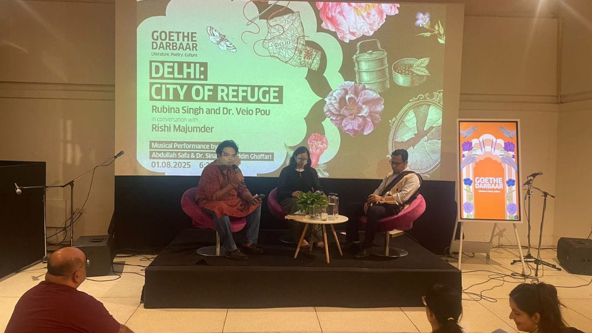 Journalist Rishi Majumder moderates a panel with artist Rubina Singh and author Dr. Veio Pou, discussing their journeys to Delhi and how it influenced their work | Udit Hinduja, ThePrint